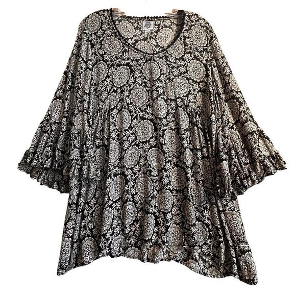 Ivy Jane Black & White Boho Y2K Ruffle Babydoll Retro Tunic Sz M Flutter Sleeves - Picture 1 of 16